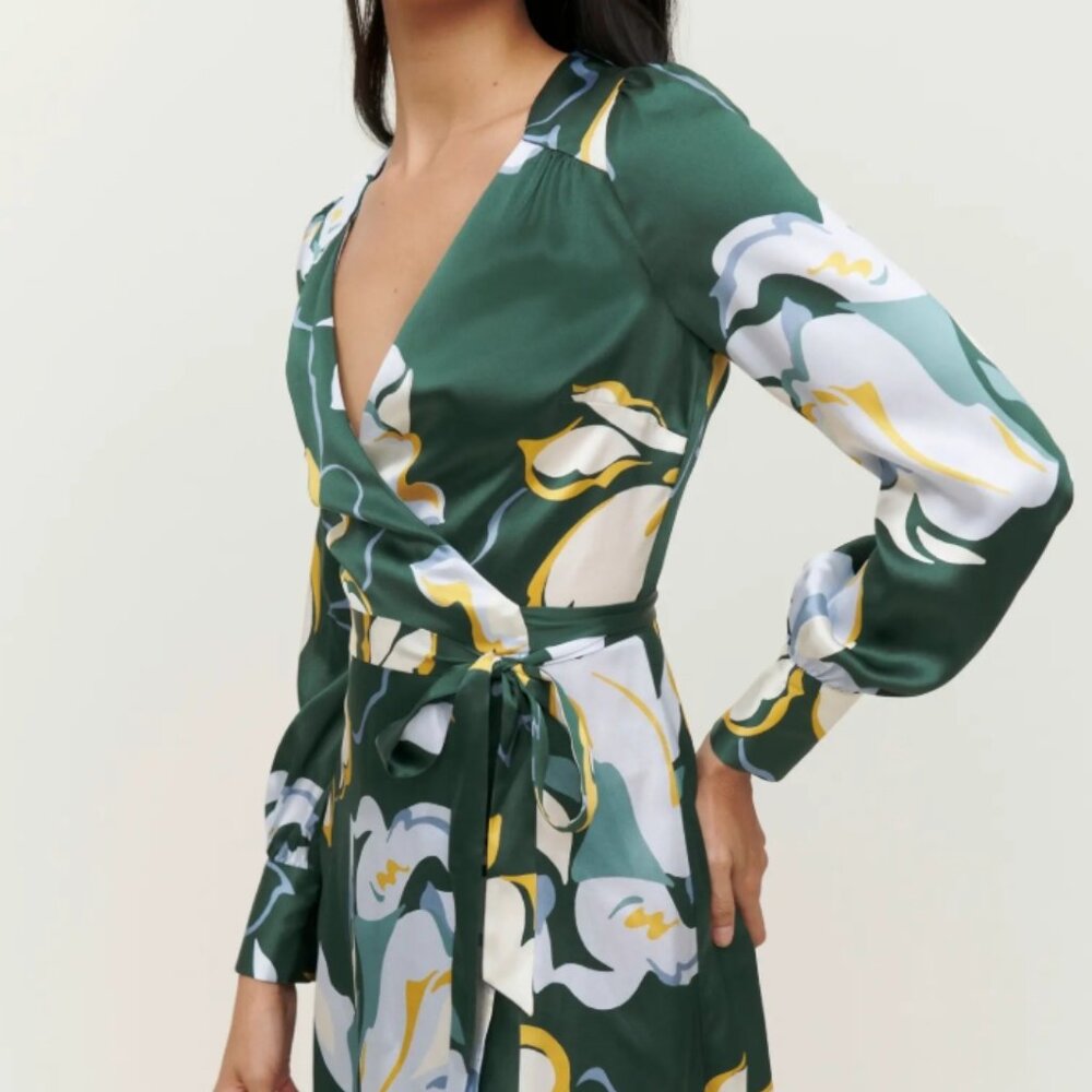 NWOT Reformation Chrissy Dress Floral Silk Wrap Mini Dress in Lyra Green XS $278 - Picture 4 of 14